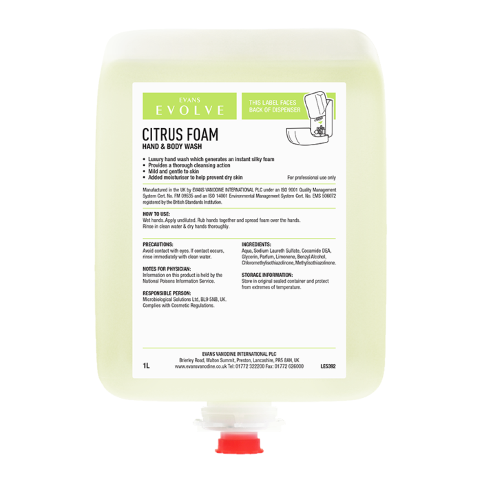 Evans Luxury Citrus Foam Hand Soap Cartridge (6 x 1L)